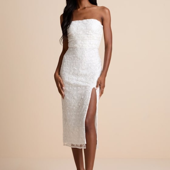 Lulus Tera White Floral Embroidered Strapless Midi Dress - Size L - Picture 1 of 1